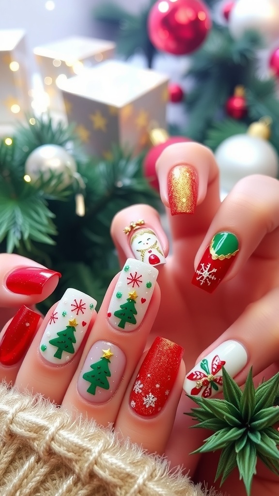 A collection of Christmas-themed nail art designs in red, green, and gold with festive decorations.